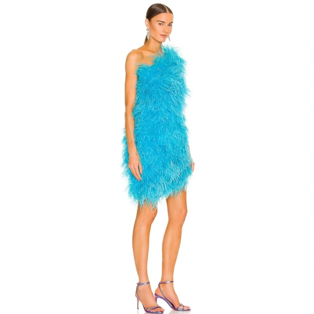 The Bar One Shoulder Ostrich Feather Andre Dress in Turquoise - Picture 2 of 12